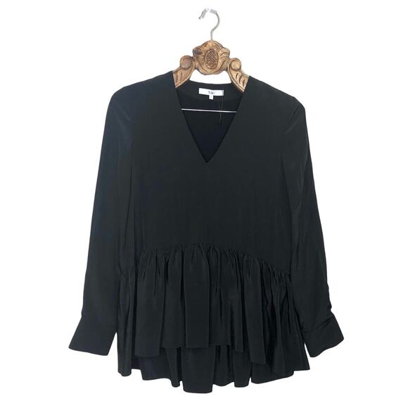 Tibi Blouse Black Silk Peplum V Neck Button Cuffs High Low Top Long Sleeve 2 - Picture 1 of 10